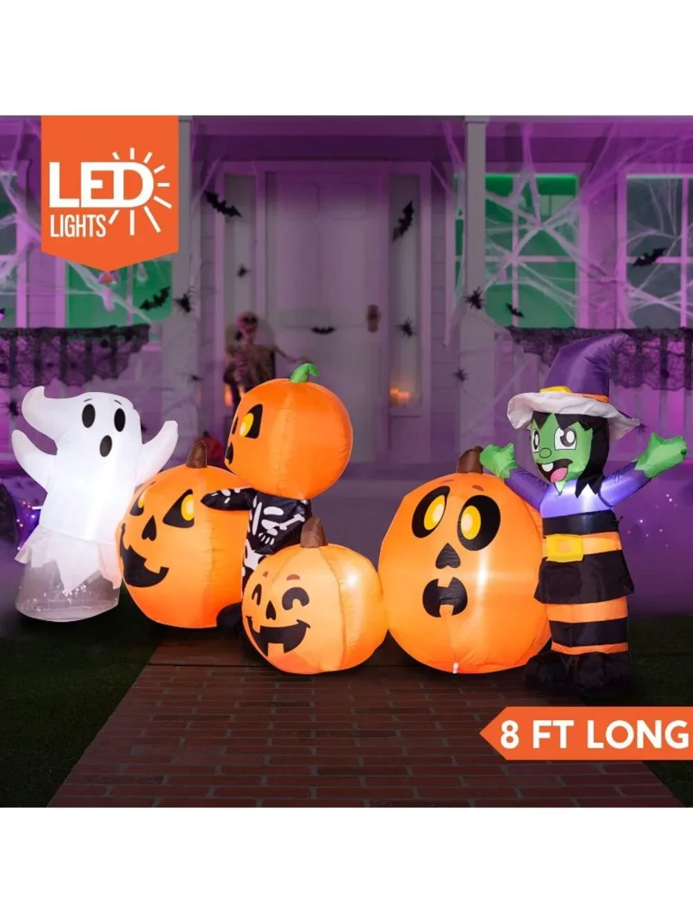 🎃8 ft Long Outdoor Halloween Pumpkin Ghost Skeleton Yard Decorations with LEDs